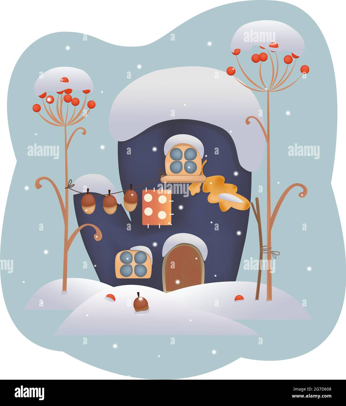 Mitaine de maison avec fenêtres, sous la neige, illustration des enfants de conte de fées d'hiver. Illustration vectorielle Illustration de Vecteur