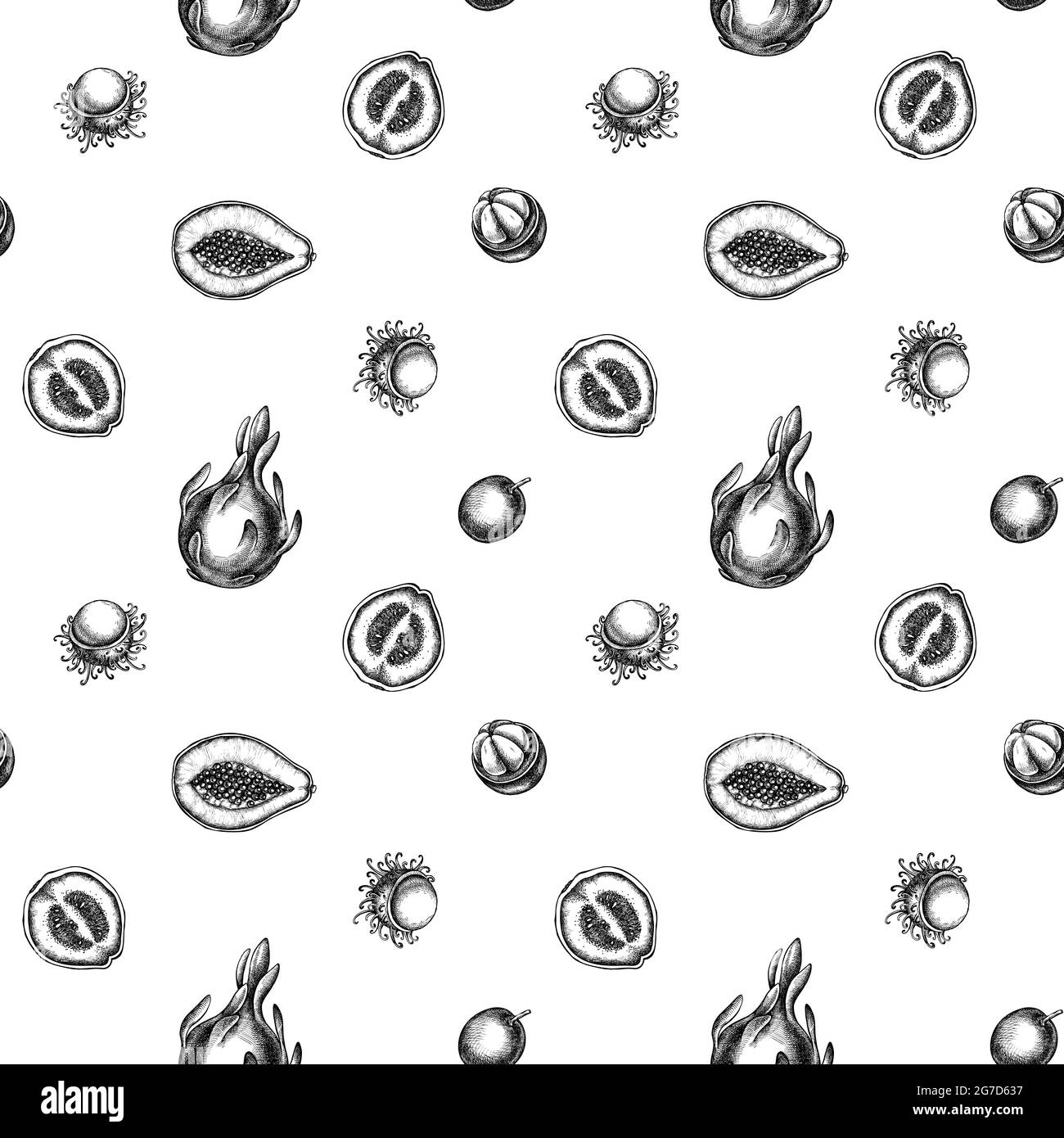 Motif sans couture avec papaye noir et blanc, goyave, fruit de la passion, rambutan, pitaya, mangoustan Illustration de Vecteur