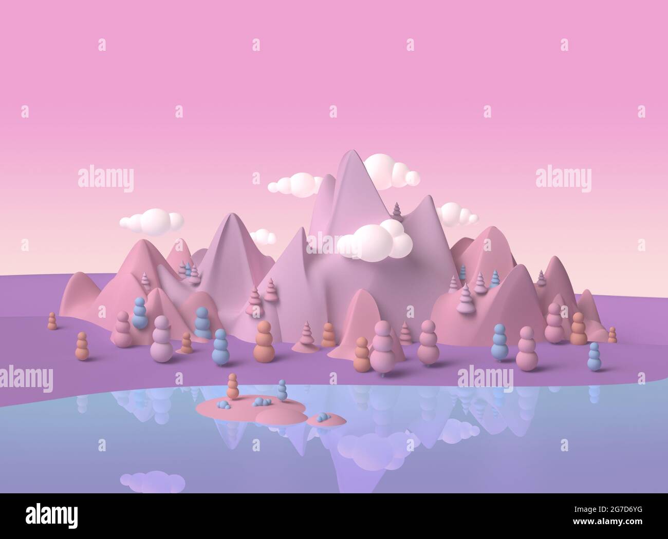 Paysage de montagne et de lac 3d de rêve d'enfance fantasy monde avec des formes douces et des couleurs pastel moelleuses Banque D'Images