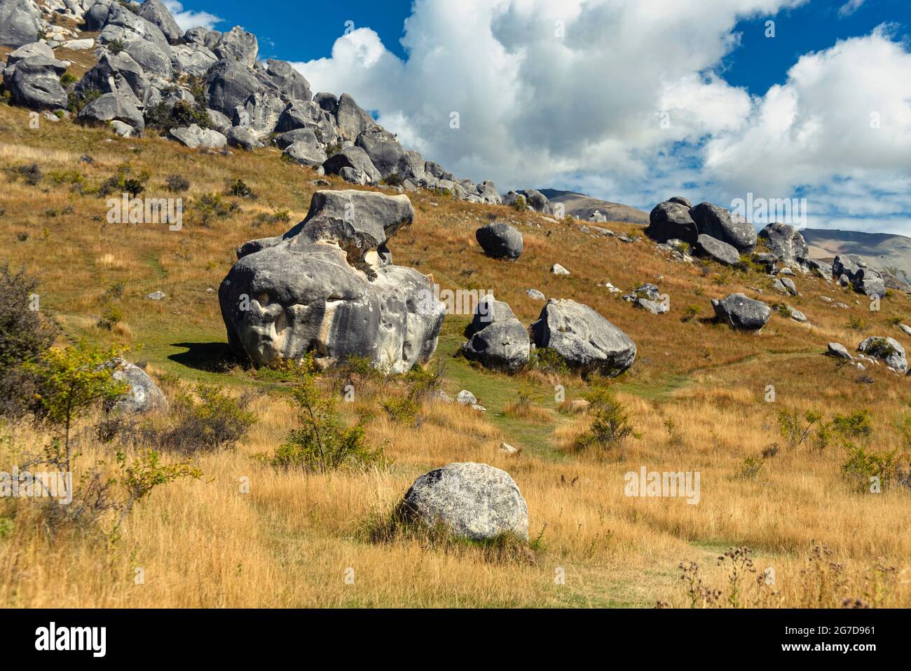 Superbes rochers à Castle Hill, Nouvelle-Zélande. Ciel bleu ciel nuageux, terre d'herbe dorée, montagnes environnantes des Alpes du Sud. Col d'Arthur Banque D'Images