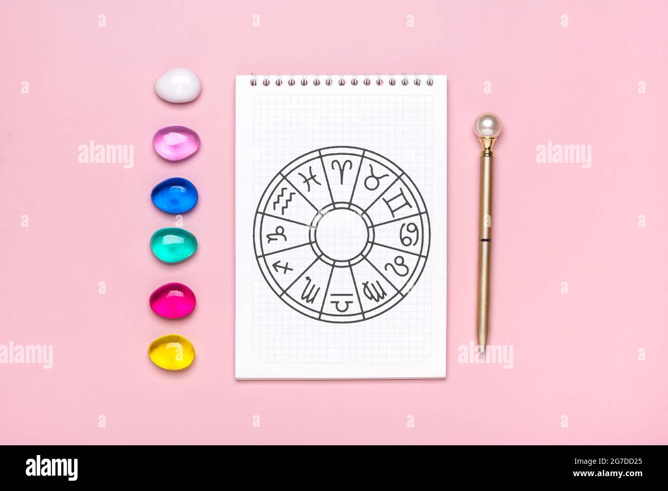 Horoscope cercle avec douze signes de zodiaque sur le papier, divination dice, pierre colorée sur fond rose la narration de Fortune et prédictions d'astrologie Banque D'Images