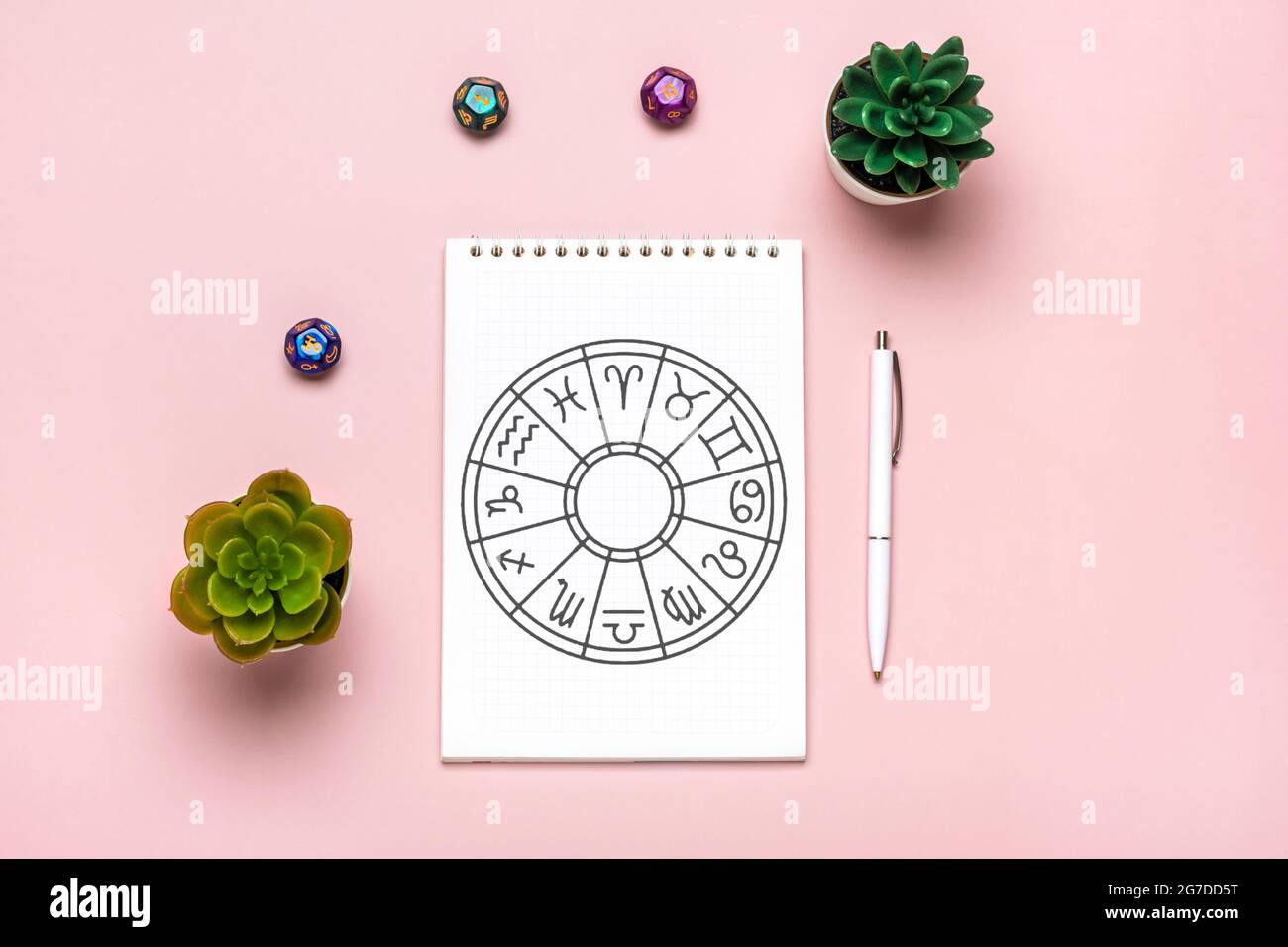 Horoscope cercle avec douze signes de zodiaque sur le papier, divination dice, pierre colorée sur fond rose la narration de Fortune et prédictions d'astrologie Banque D'Images