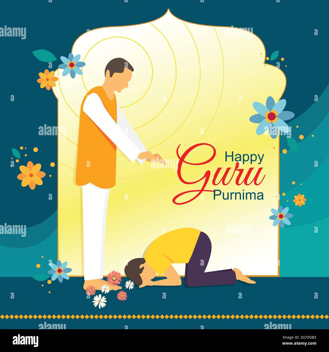 Affiche de célébration de Guru Purnima avec l'enseignant donnant une bénédiction à l'étudiant. Le fond est décoré dans des tons de bleu et de jaune. Illustration de Vecteur
