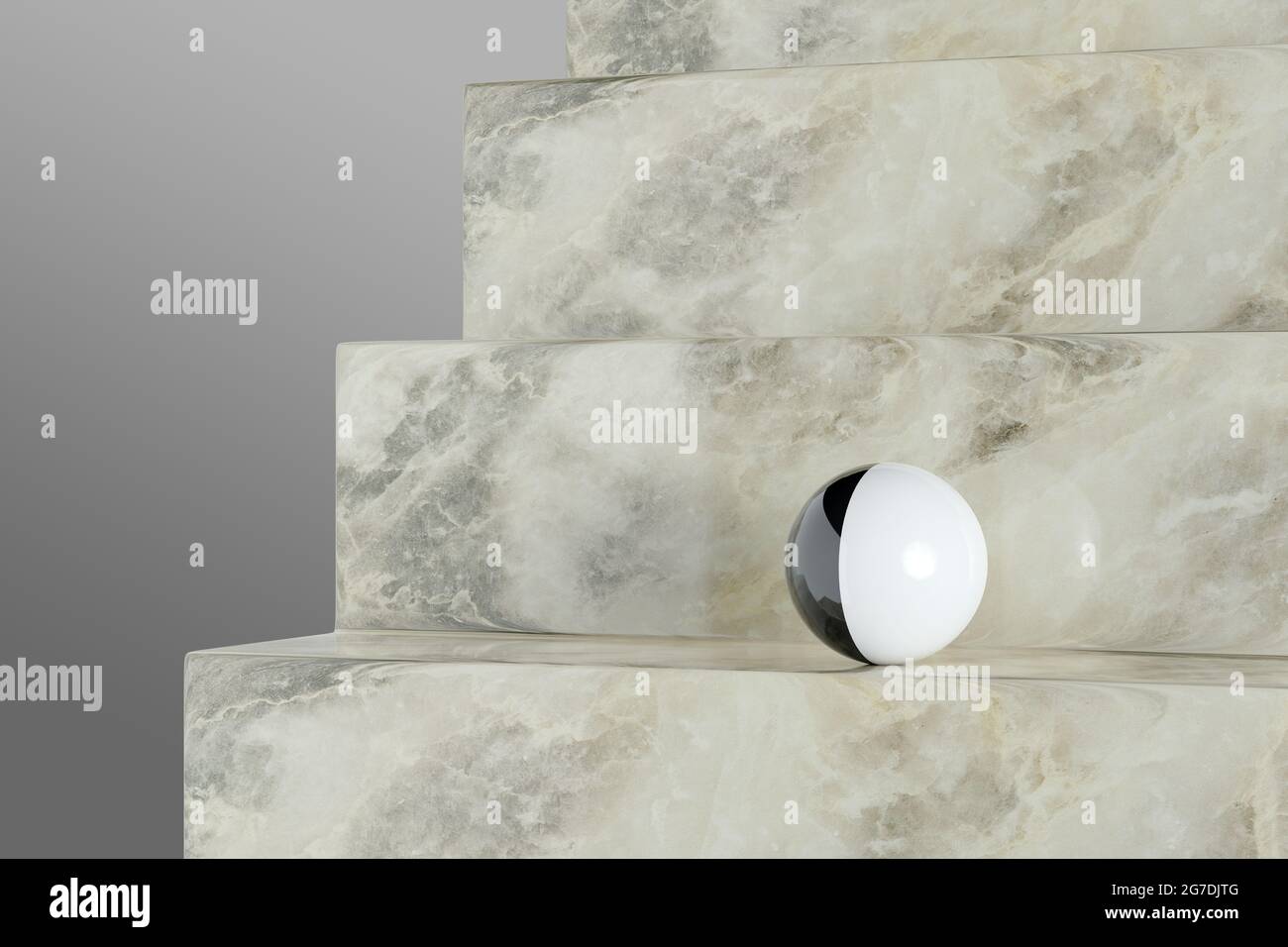 Boule noire et blanche sur un escalier en marbre. illustration 3d. Banque D'Images
