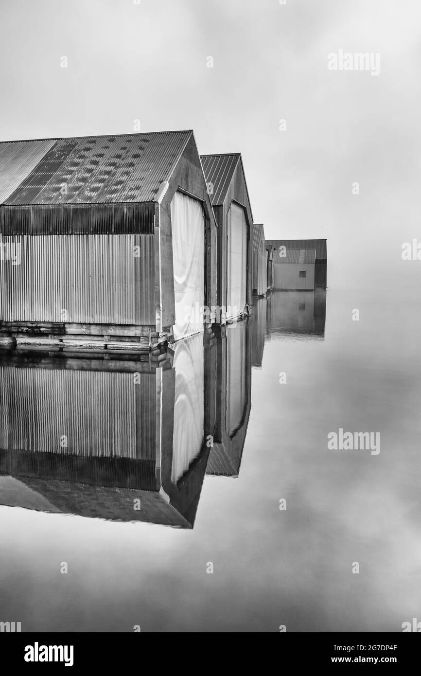 Oakland Bay Marina sur le sud de Puget Sound un matin brumeux, Shelton, Washington, États-Unis [pas de autorisation de propriété; licence éditoriale seulement} Banque D'Images