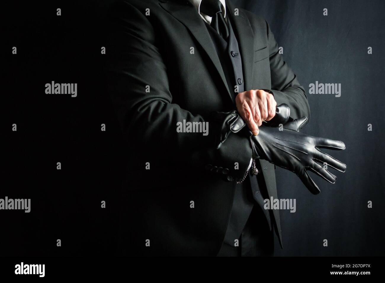 Portrait de gentleman en costume foncé tirer sur des gants en cuir noir sur fond noir. Homme d'affaires élégant s'habiller. Banque D'Images