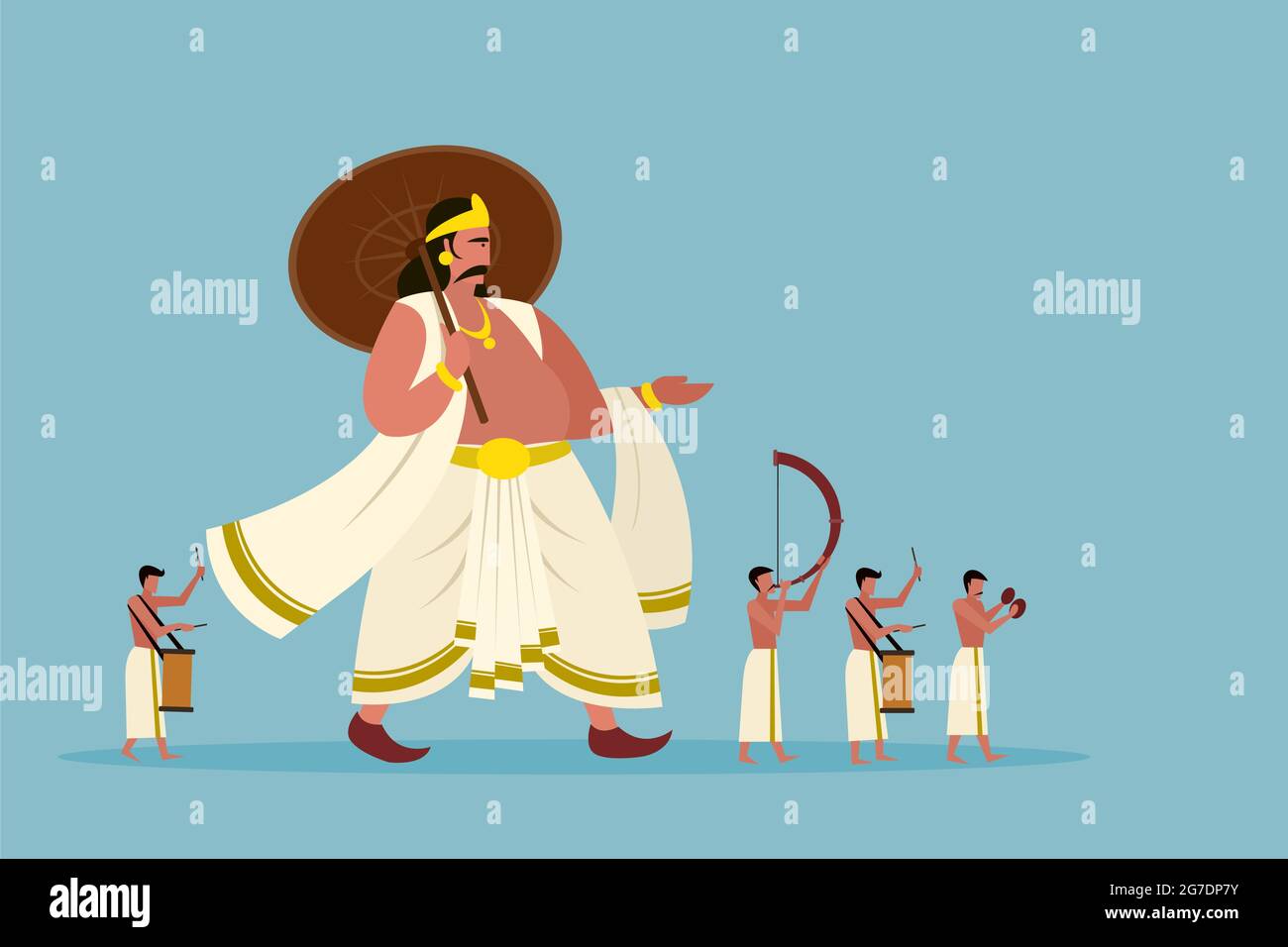 Le roi mythique de Kerala 'Mahabali' marche avec des personnes jouant des instruments de percussion pendant le Festival d'Onam Illustration de Vecteur