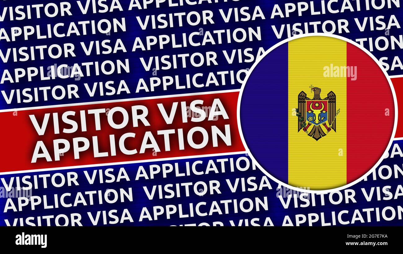 Drapeau circulaire de Moldavie avec les titres de demande de visa de visiteur - Illustration 3D Banque D'Images