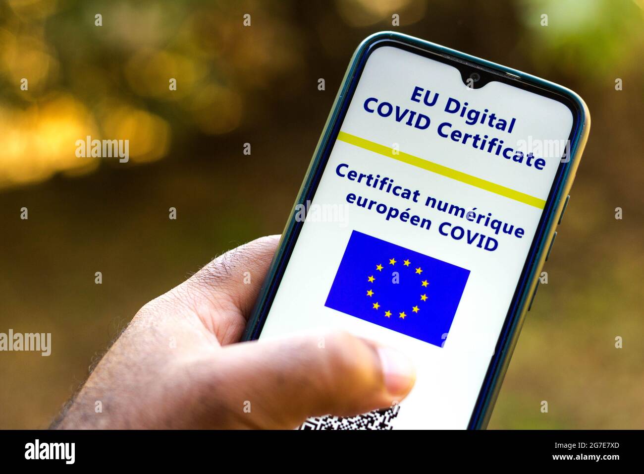 Dans cette illustration, le certificat COVID numérique de l'UE apparaît sur l'écran d'un smartphone. (Photo de Rafael Henrique / SOPA Images / Sipa USA) Banque D'Images