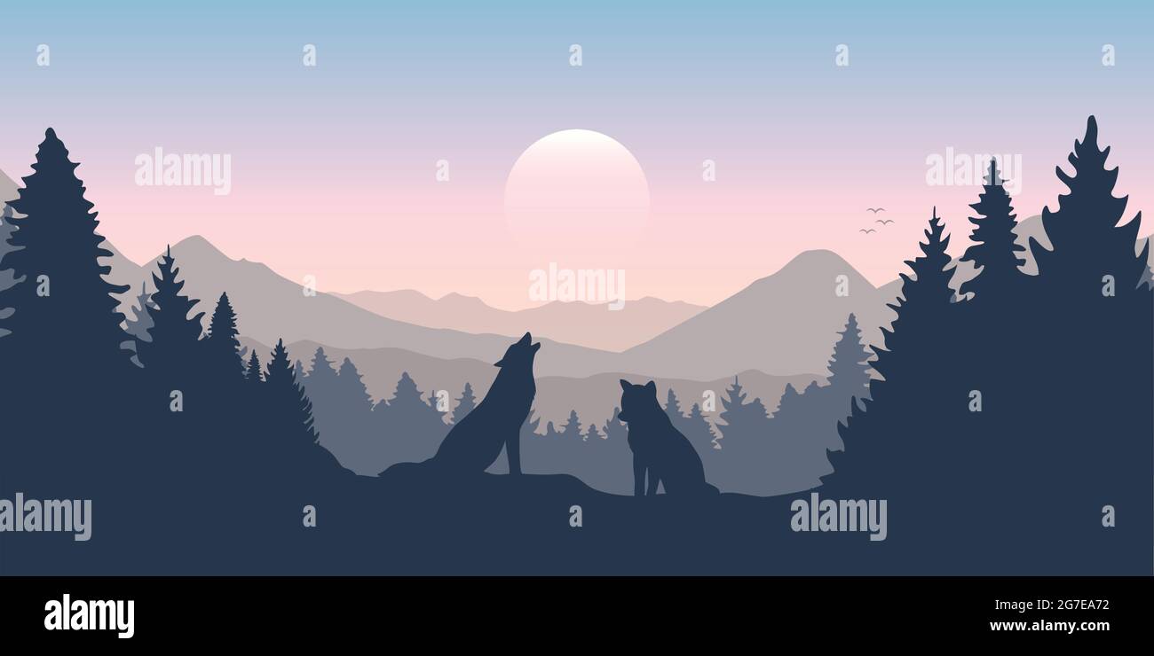 sac de loup dans la forêt avec paysage de montagne Illustration de Vecteur