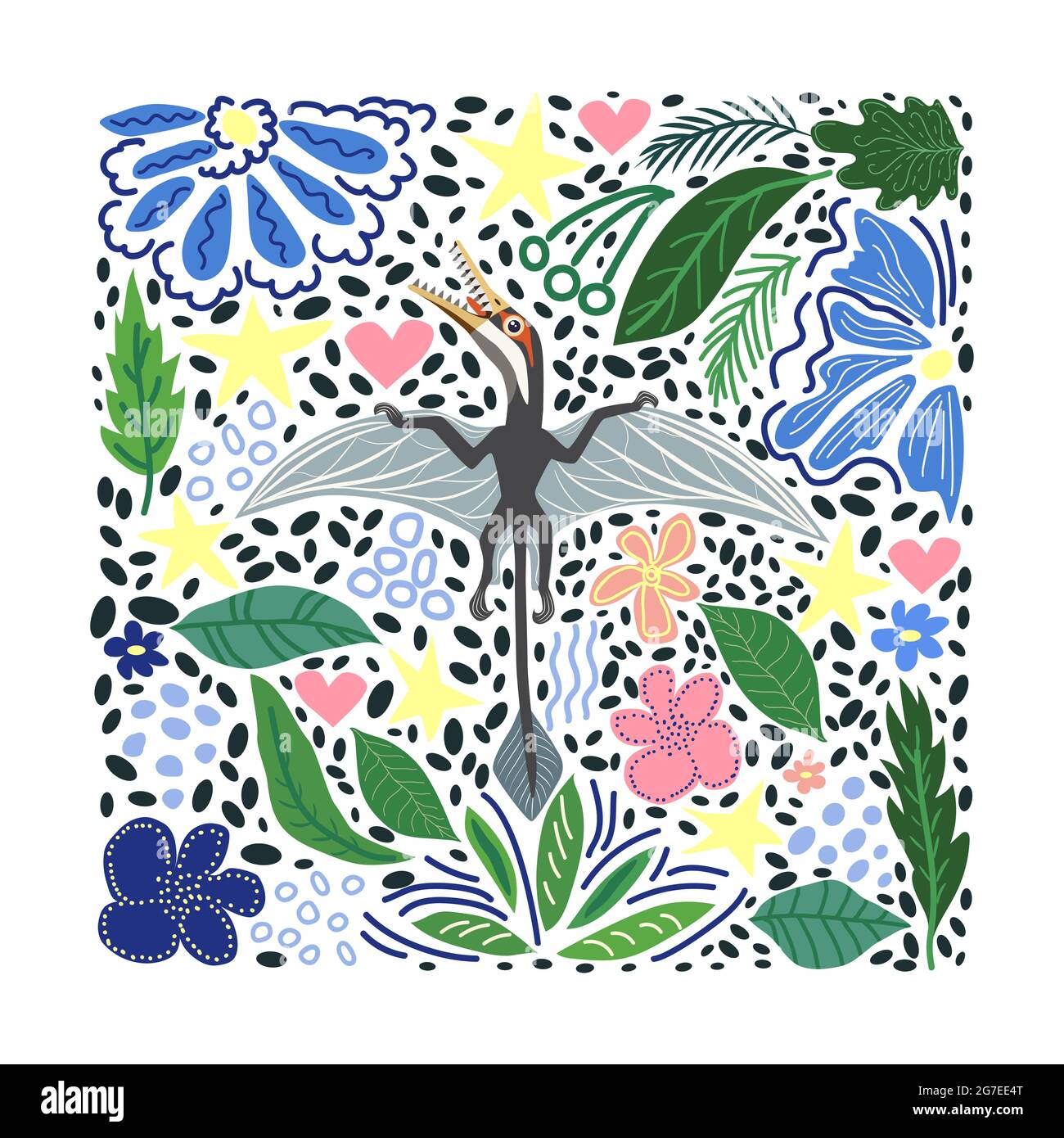 Ramforghin volant, collection de dinosaures préhistoriques. Animaux anciens. Dessiné à la main. Dans un cadre de fleurs et de feuilles Illustration de Vecteur