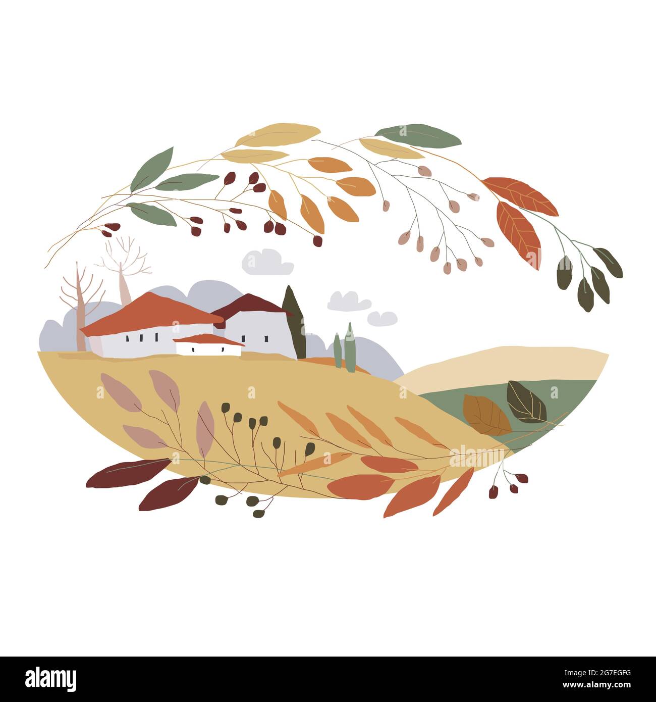 Joli paysage de dessin animé avec petit village et couronne colorée Illustration de Vecteur