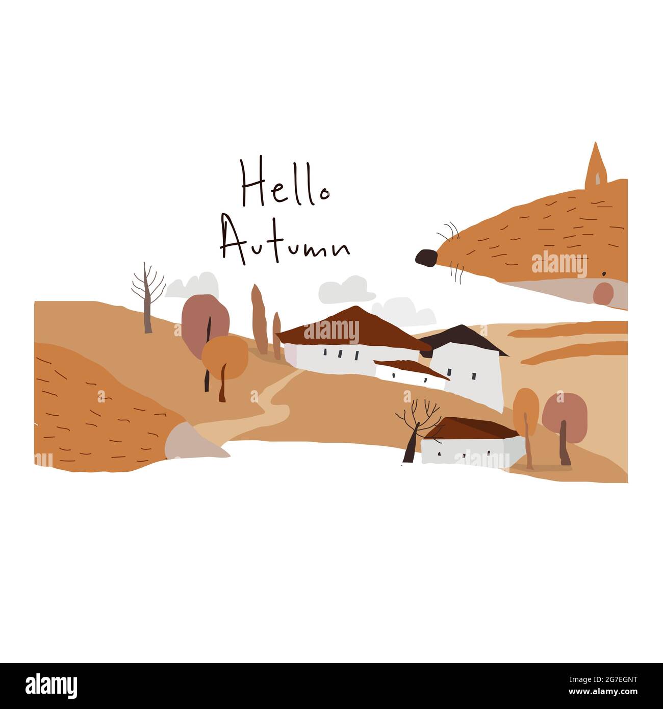 Joli paysage d'automne avec Big Fox sur fond blanc Illustration de Vecteur