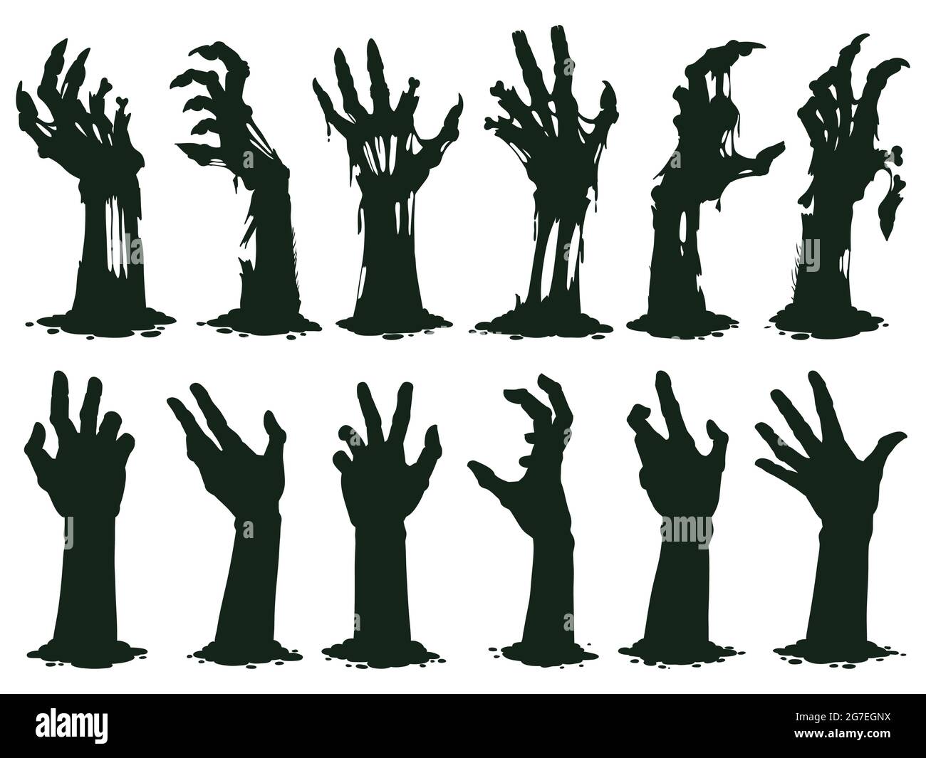 Silhouette de mains zombies. Les agneaux tordus de zombies créepeux sortent de l'ensemble d'illustrations vectorielles de terrain de cimetière. Mains zombies Halloween Illustration de Vecteur