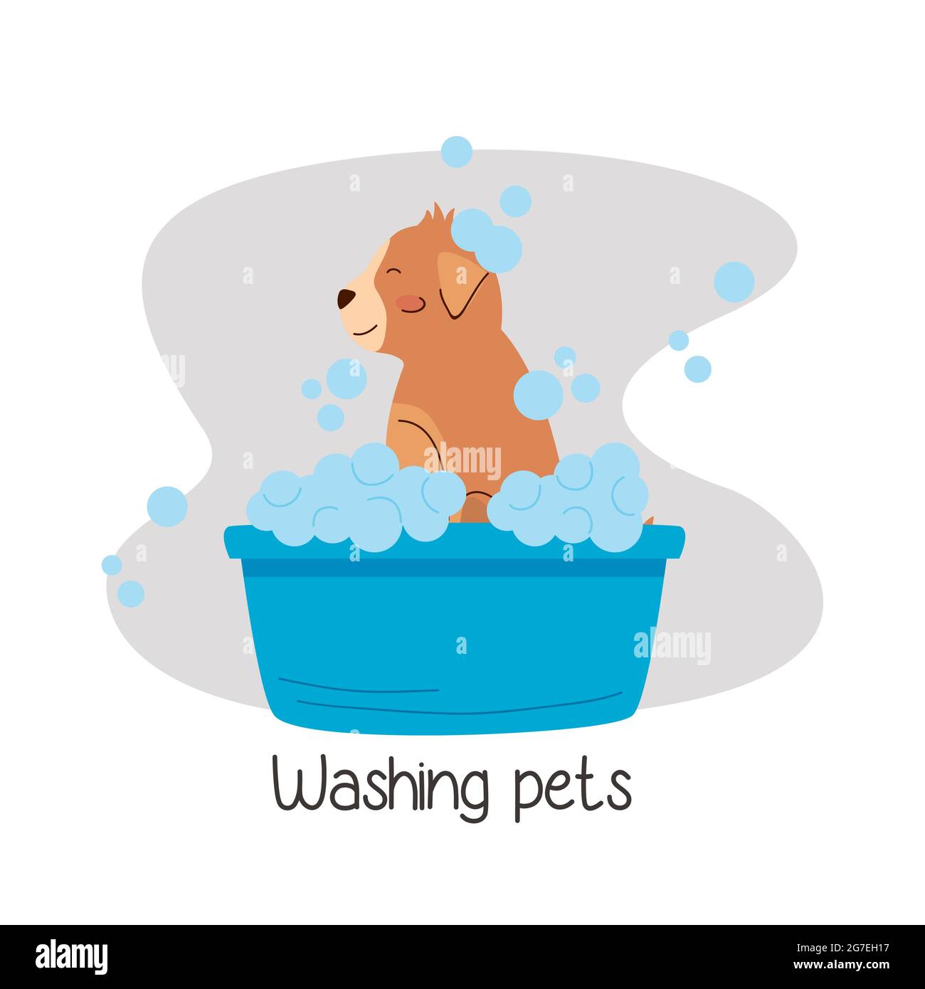 un petit chien se baignant dans un bain bleu Illustration de Vecteur