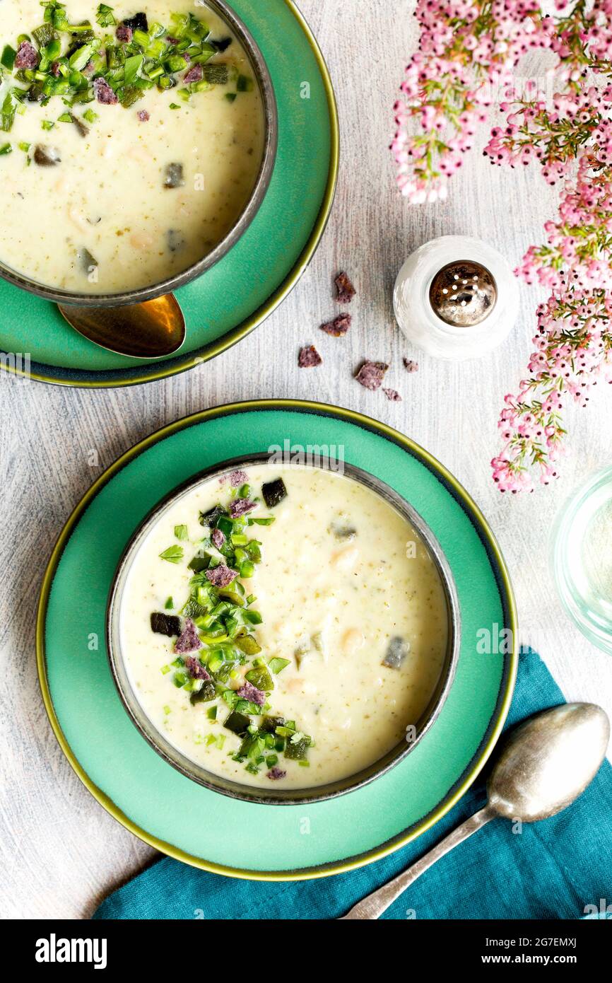 Soupe de haricots blancs de Cilantro de Poblano rôtie Banque D'Images