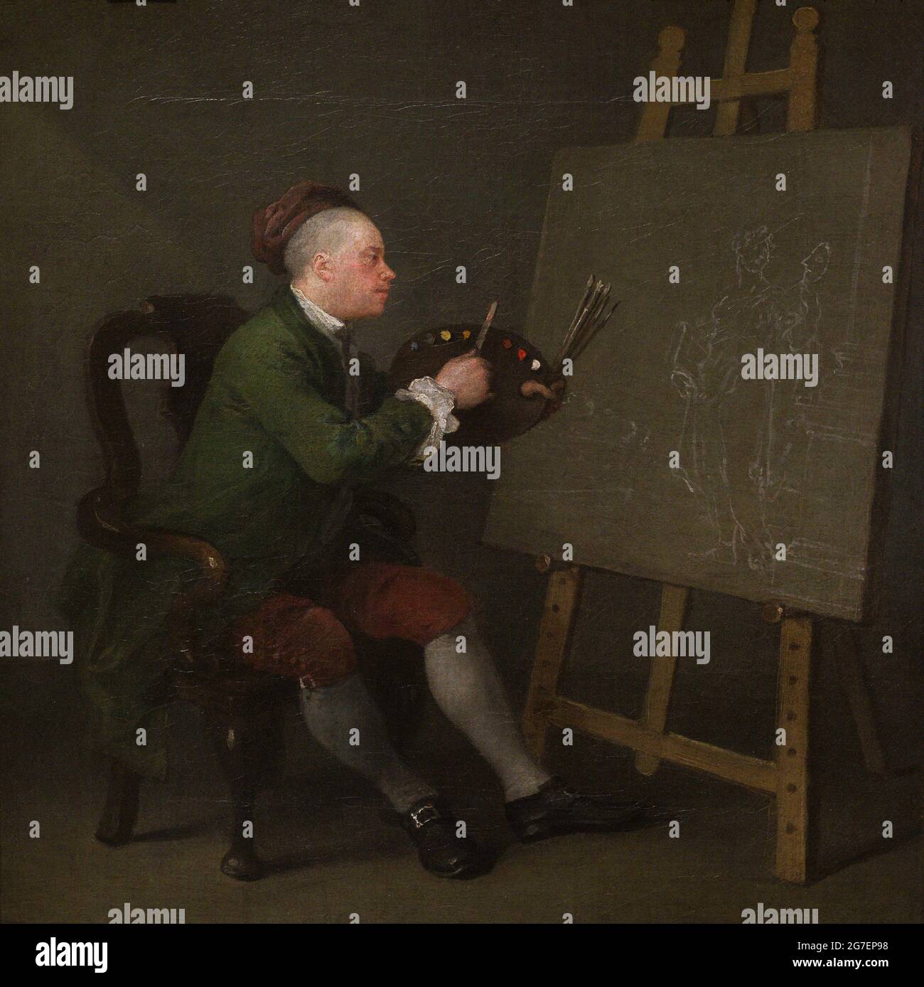 William Hogarth (1697-1764). Peintre et graveur anglais. Autoportrait représentant Hogarth peinture Thalia, la muse de Comedy. Huile sur toile (45,1 x 42,5 cm), env. 1757-1758. Galerie nationale de portraits. Londres, Angleterre, Royaume-Uni. Banque D'Images