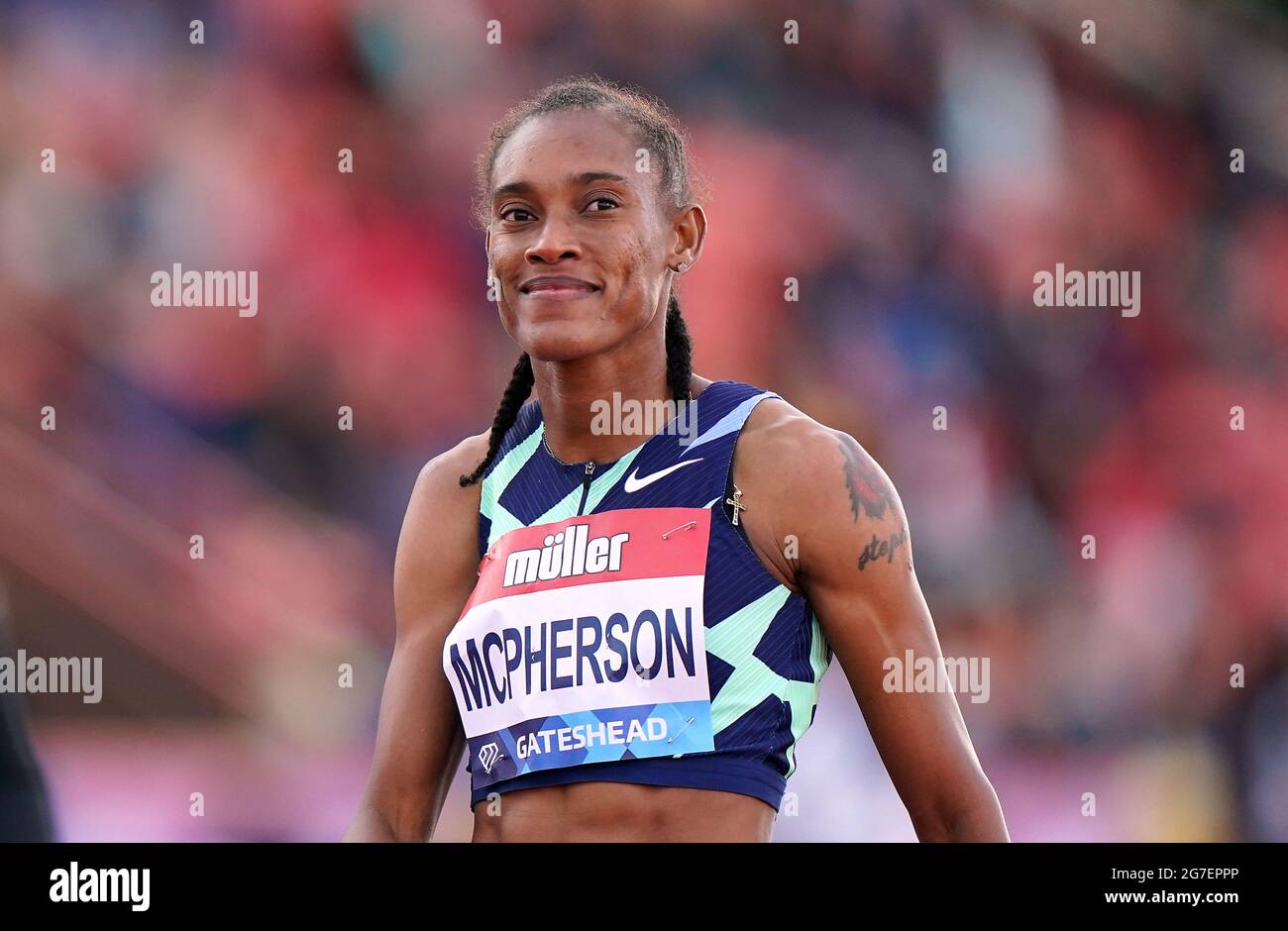 La jamaïcaine Stephenie Ann McPherson réagit après avoir remporté le 400m des femmes lors de la réunion du Grand Prix Muller British à la Wanda Diamond League au stade international de Gateshead. Date de la photo: Mardi 13 juillet 2021. Banque D'Images