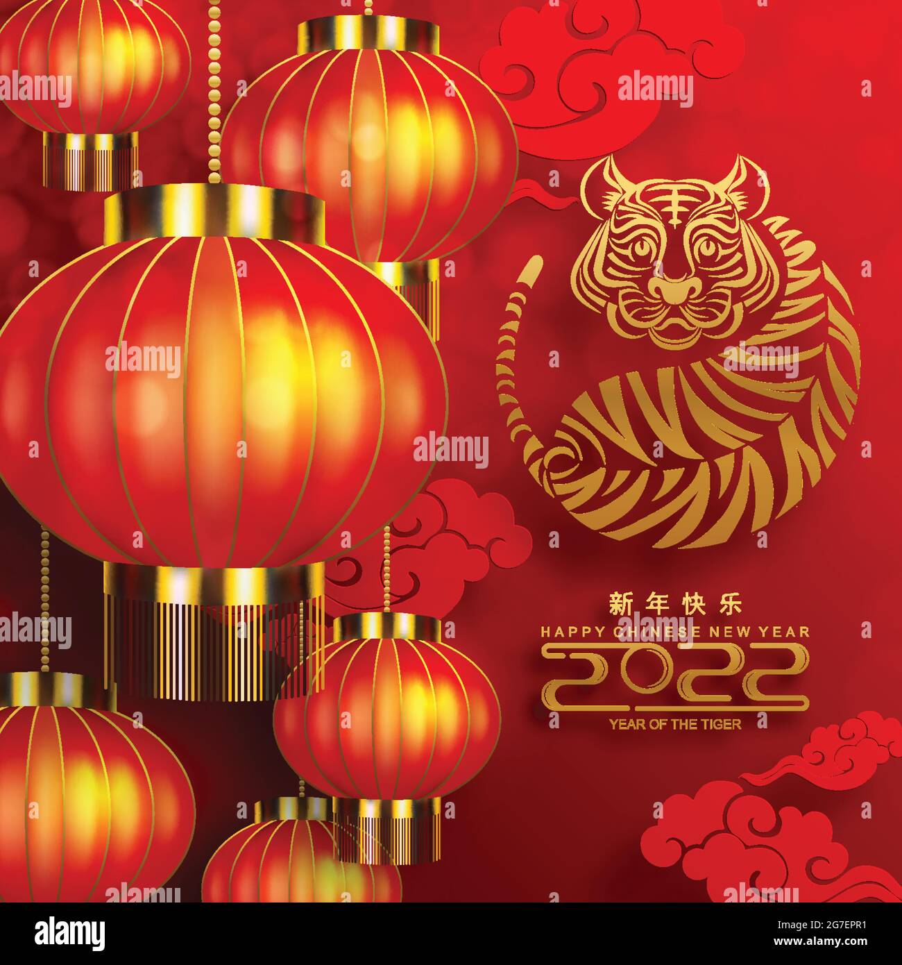 Nouvel an chinois 2022 année du tigre fleur rouge et or et éléments asiatiques papier coupé avec style artisanal sur fond. Illustration de Vecteur