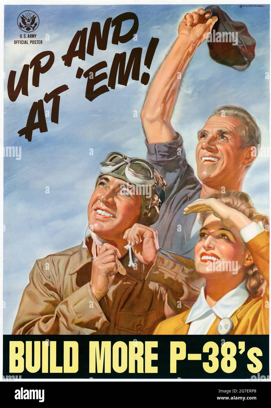 Up and at 'em - construire plus P-38s - affiche de la Maison américaine de la Seconde Guerre mondiale Banque D'Images