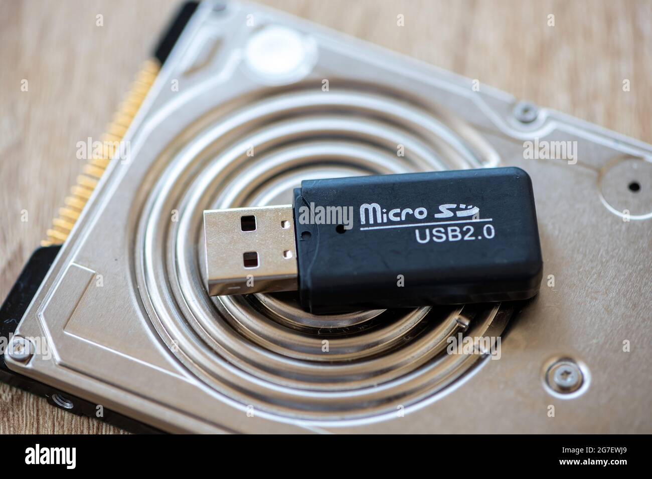 Gros plan d'un adaptateur micro SD vers SD sur un disque dur, stylet USB Banque D'Images