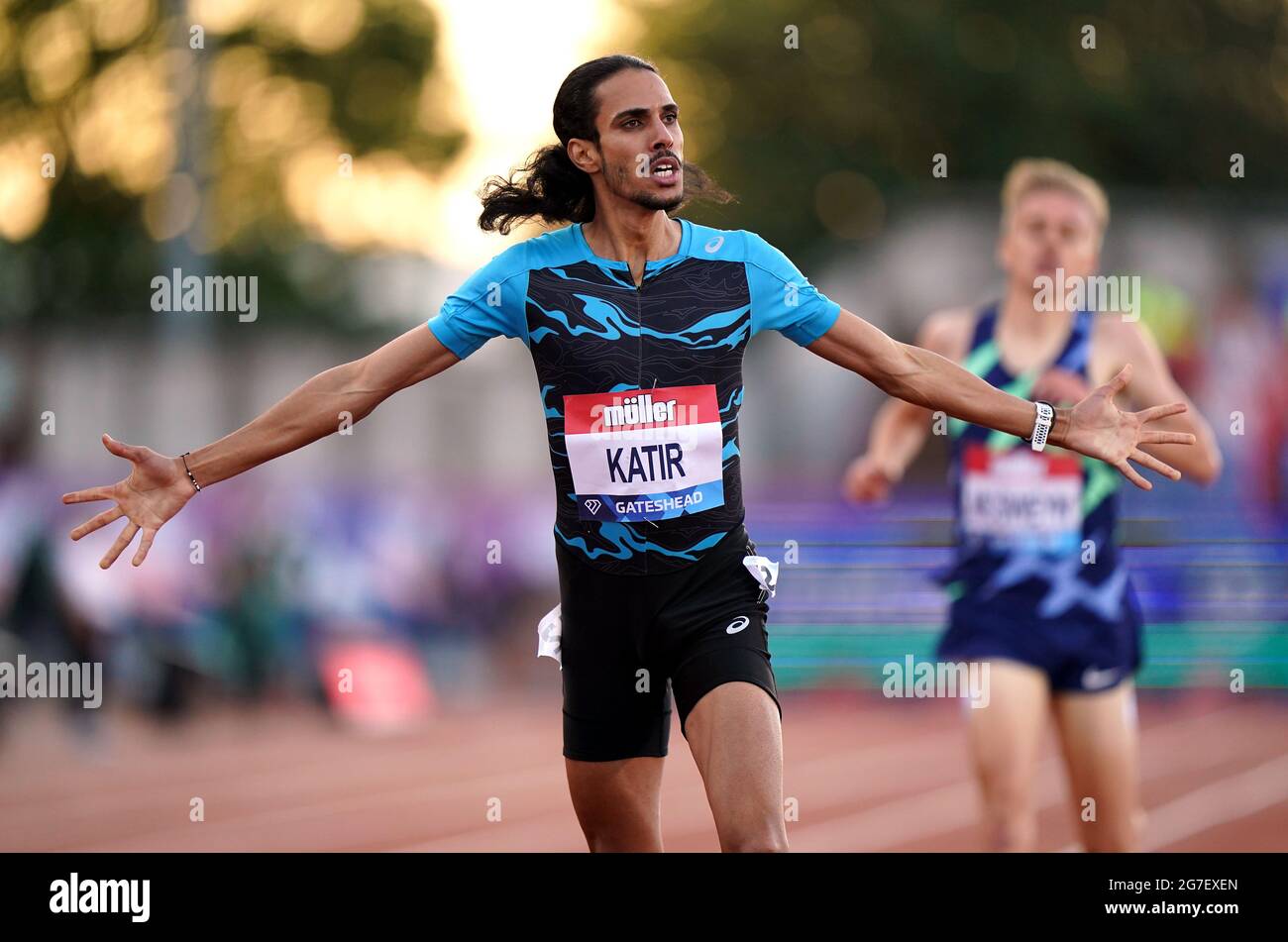 Mohamed Katir, en Espagne, célèbre la victoire du 3000m masculin lors de la rencontre du Grand Prix Muller British à la Wanda Diamond League au stade international de Gateshead. Date de la photo: Mardi 13 juillet 2021. Banque D'Images