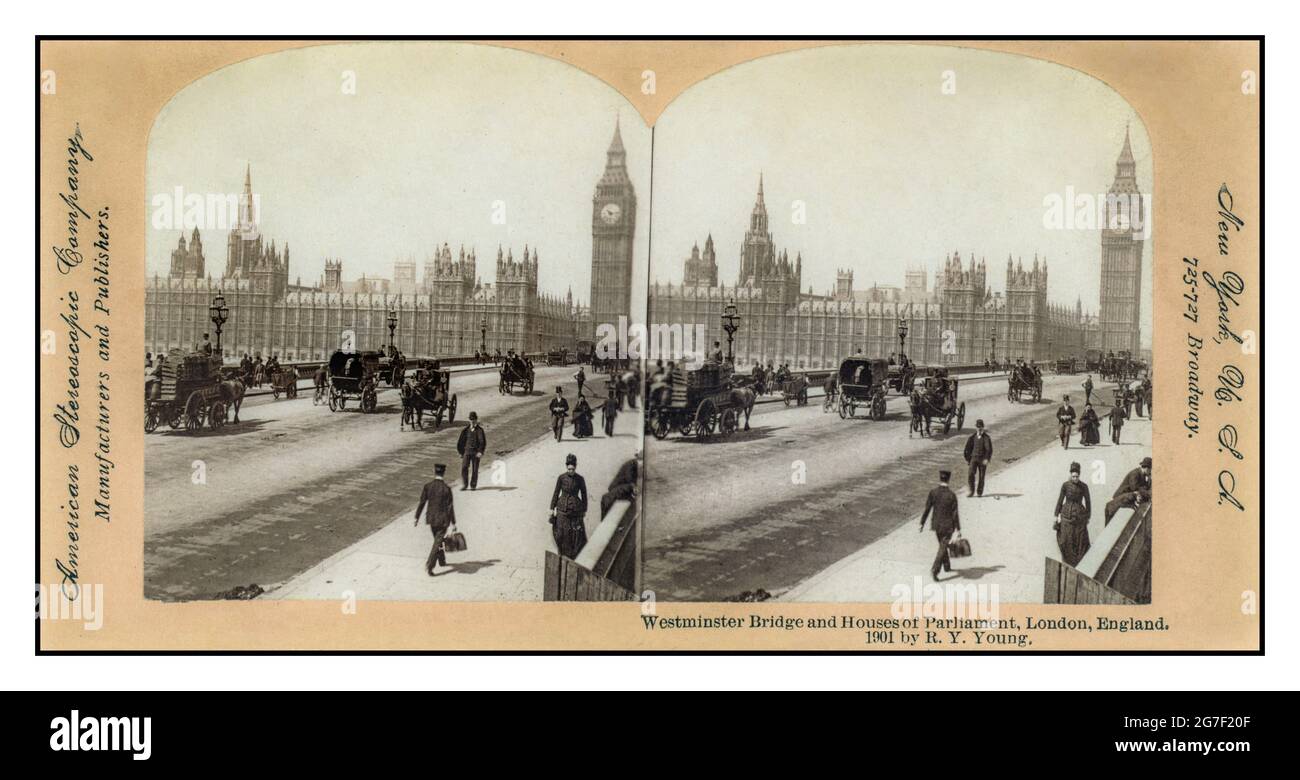 Victorian Stereo image Vintage 1900's Westminster Bridge and Houses of Parliament, Londres, Angleterre avec un trafic tiré par des chevaux traversant Westminster Bridge Créateur(s): American Stereoscopic Company, éditeur Date de création/publication: New York, Etats-Unis d'Amérique : American Stereoscopic Company, c1900 décembre 29. Tirage photographique sur carte stéréo : stéréographie. La photographie montre le Palais de Westminster, Londres, Angleterre avec des calèches tirées par des chevaux et la circulation piétonne sur le pont au premier plan. Banque D'Images