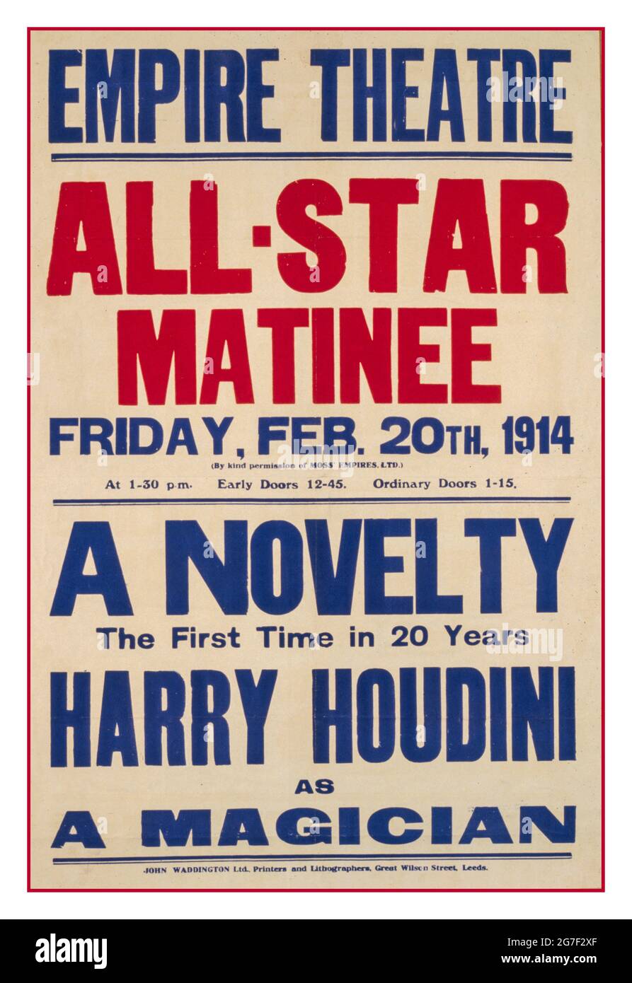 HARRY HOUDINI 1914 Vintage Entertainment Theatre Poster 'UNE nouveauté, la première en 20 ans, Harry Houdini comme magicien' Vintage Theatre Poster John Waddington, Ltd., Printers and lithographers.,: Houdini, Harry, 1874-1926. John Waddington, Ltd., Imprimantes et lithographes, 1914. Lithographie couleur ; (format poster) Banque D'Images