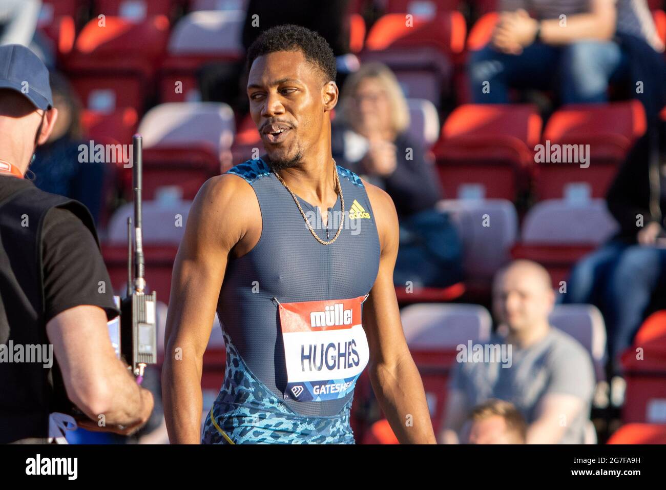 Gateshead, Angleterre, Royaume-Uni. 13 juillet 2021. Zharnel Hughes de Grande-Bretagne après avoir terminé troisième dans la finale masculine de 100 mètres, lors du Grand Prix britannique de 2021 Müller de Gateshead, au stade international de Gateshead. Crédit : Iain McGuinness/Alay Live News Banque D'Images