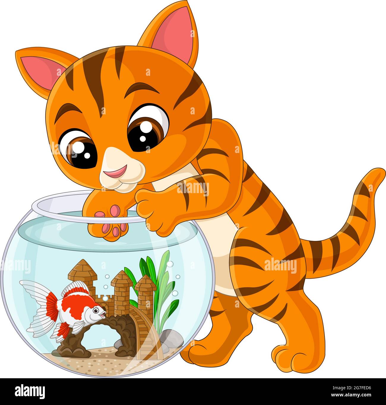 Dessin animé chat essayant d'obtenir un poisson de l'aquarium Illustration de Vecteur