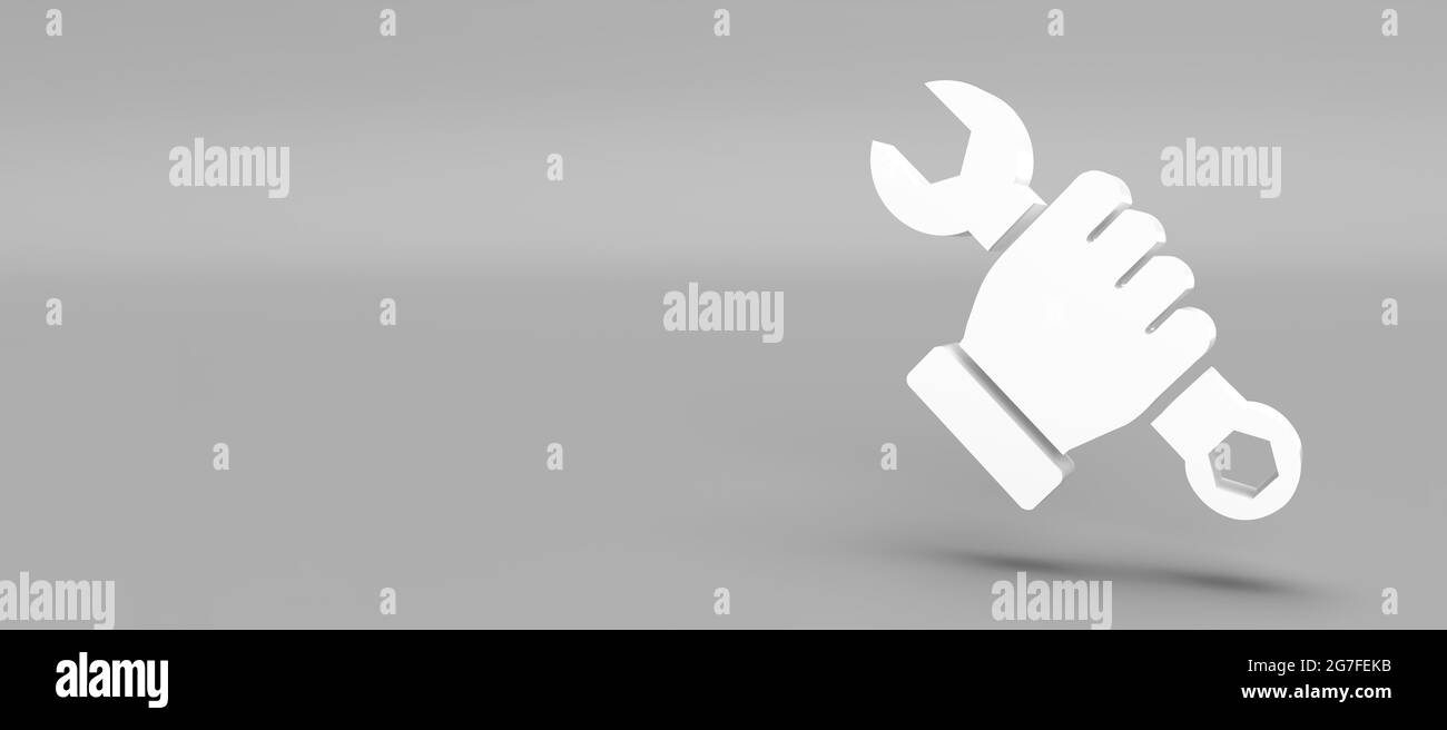 Main avec une clé icône 3D blanche pour le rendu 3D d'arrière-plan gris du symbole de maintenance ou de réparation Banque D'Images