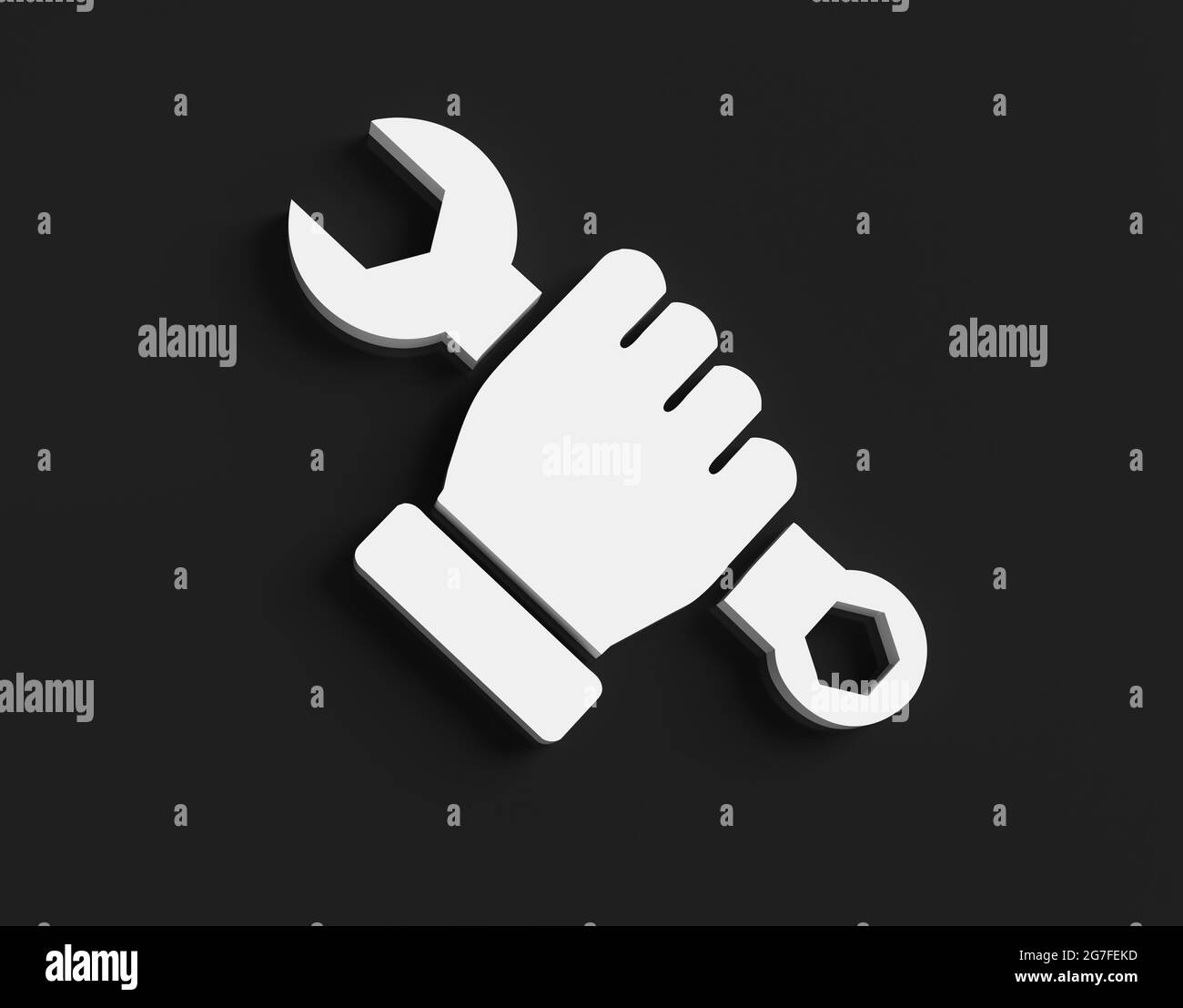 Main avec clé icône 3D blanche symbole de maintenance fond noir Banque D'Images