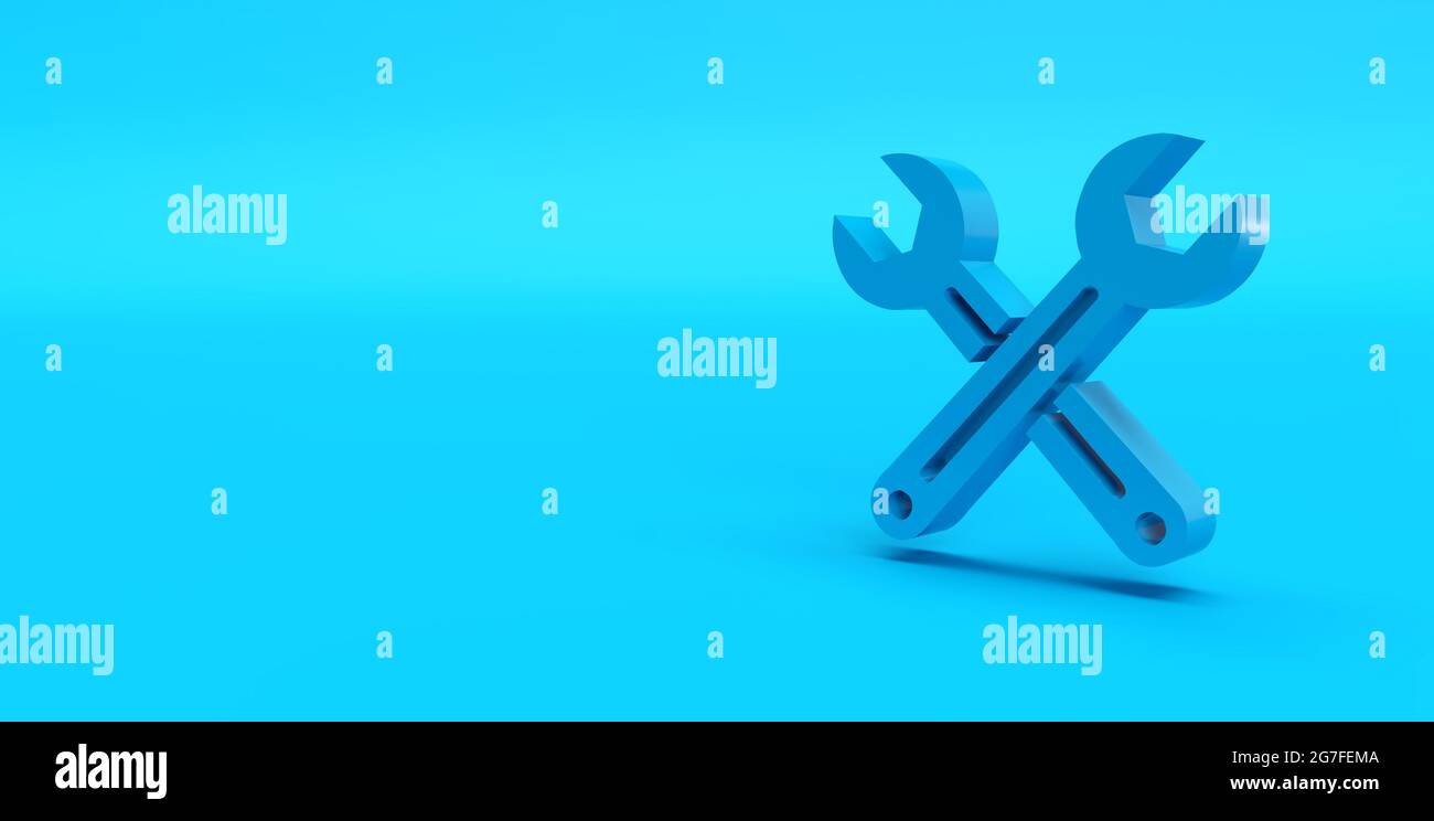 Deux outils clés bleues icônes 3D avec arrière-plan bleu rendu 3D Banque D'Images