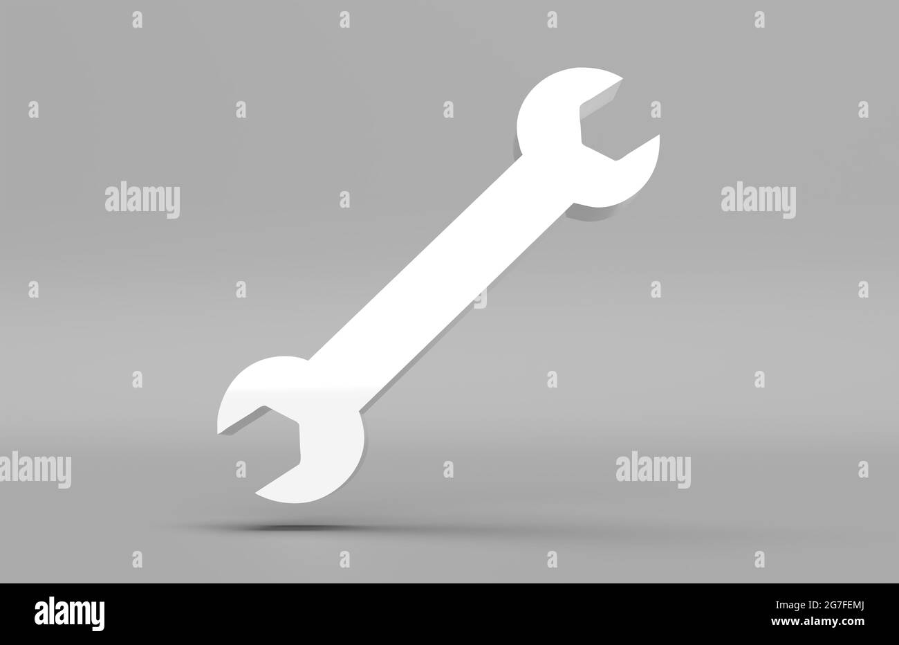 Icône 3D blanche de clé pour le rendu 3D d'arrière-plan gris du symbole de maintenance ou de réparation Banque D'Images