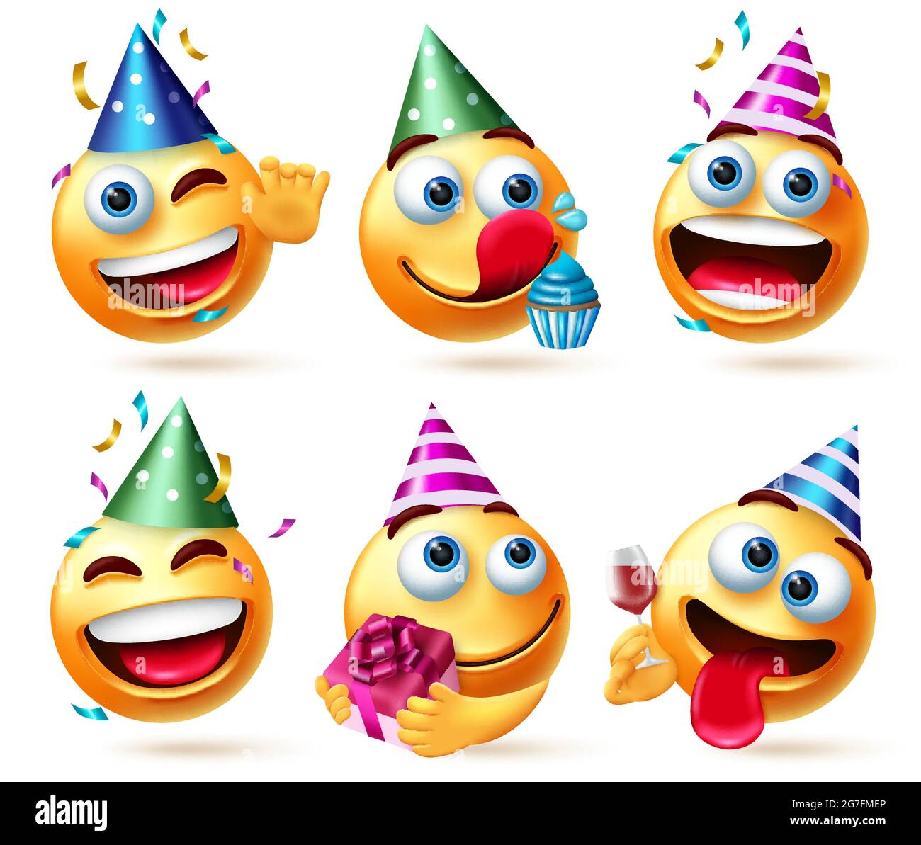 Ensemble de vecteurs d'anniversaire Smileys. Émoticône smiley dans des  chapeaux de fête avec cadeau, cupcake et confetti éléments de célébration  pour le jour de naissance heureux et drôle emoji Image Vectorielle Stock -