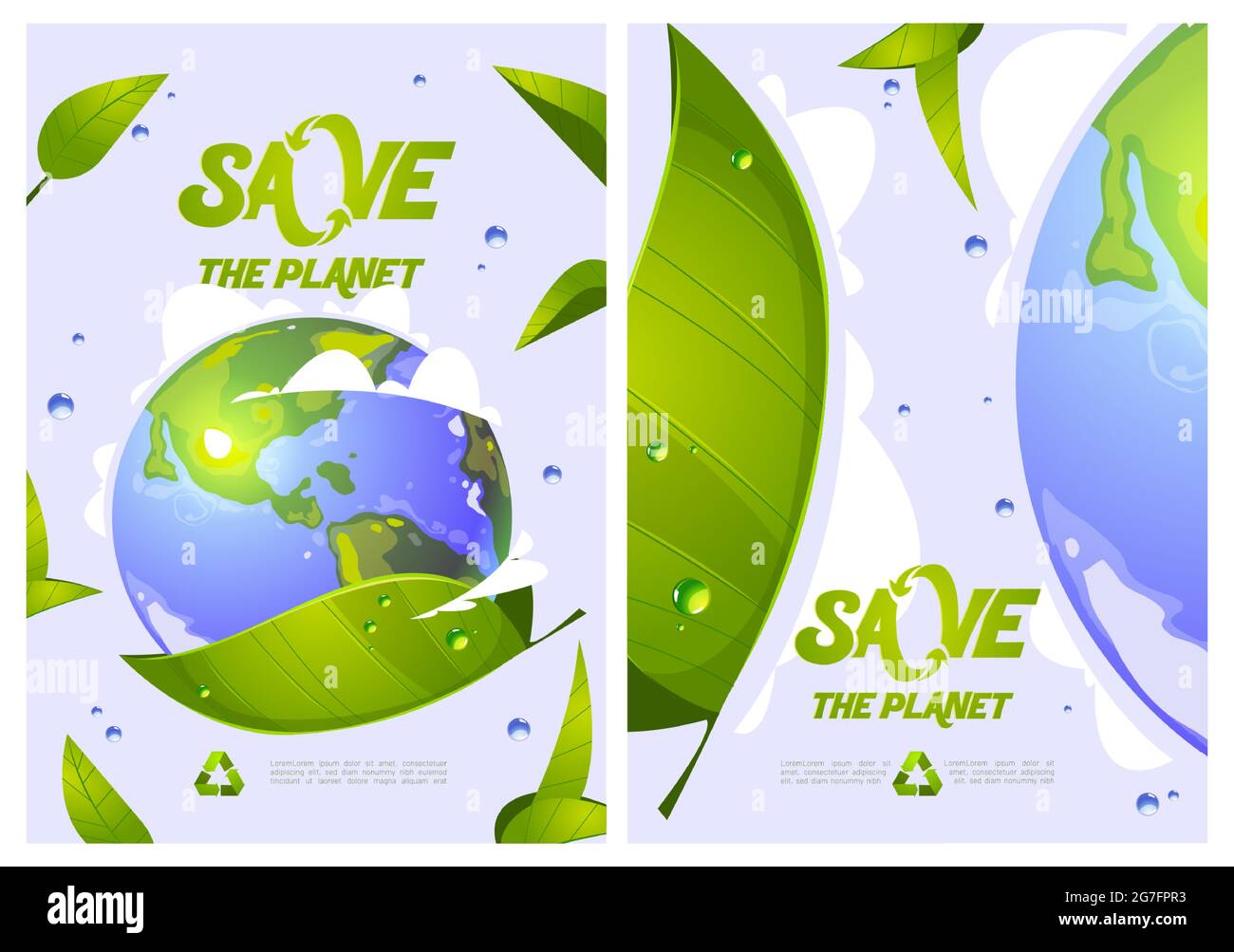 Enregistrez les affiches de dessins animés de la planète avec globe terrestre, feuilles vertes, gouttes d'eau et symbole de recyclage. Protection de l'environnement, énergies renouvelables et développement durable concept de vecteur de conservation écologique Illustration de Vecteur