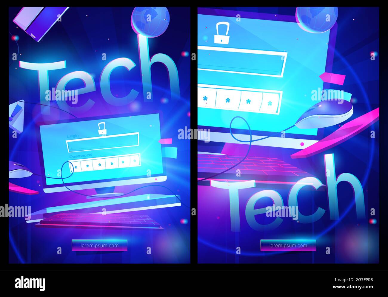 Affiche de dessin animé technique, ordinateur de bureau lumineux au néon avec verrou, identifiant et formulaire de mot de passe. Protection des données personnelles, vie mobile, Internet réseaux sociaux médias cyber protection de la vie privée, bannière web Vector Illustration de Vecteur