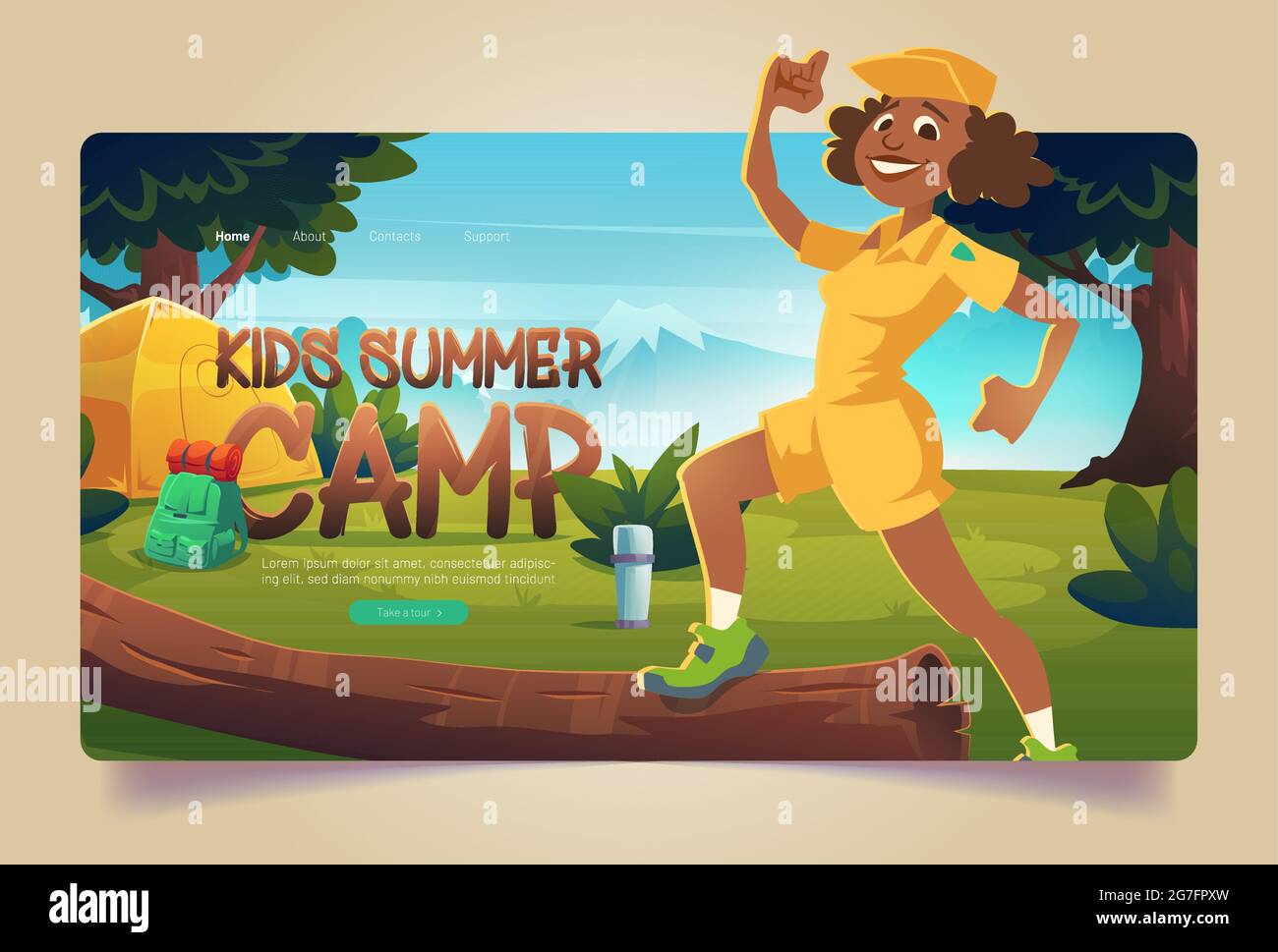 Page d'atterrissage de dessin animé de camp d'été pour enfants, conseiller gai en uniforme de boyscout au camping de forêt de randonnée avec tente, ballon sous vide et sac à dos. Vacances d'été, activités de randonnée, bannière web Vector Illustration de Vecteur