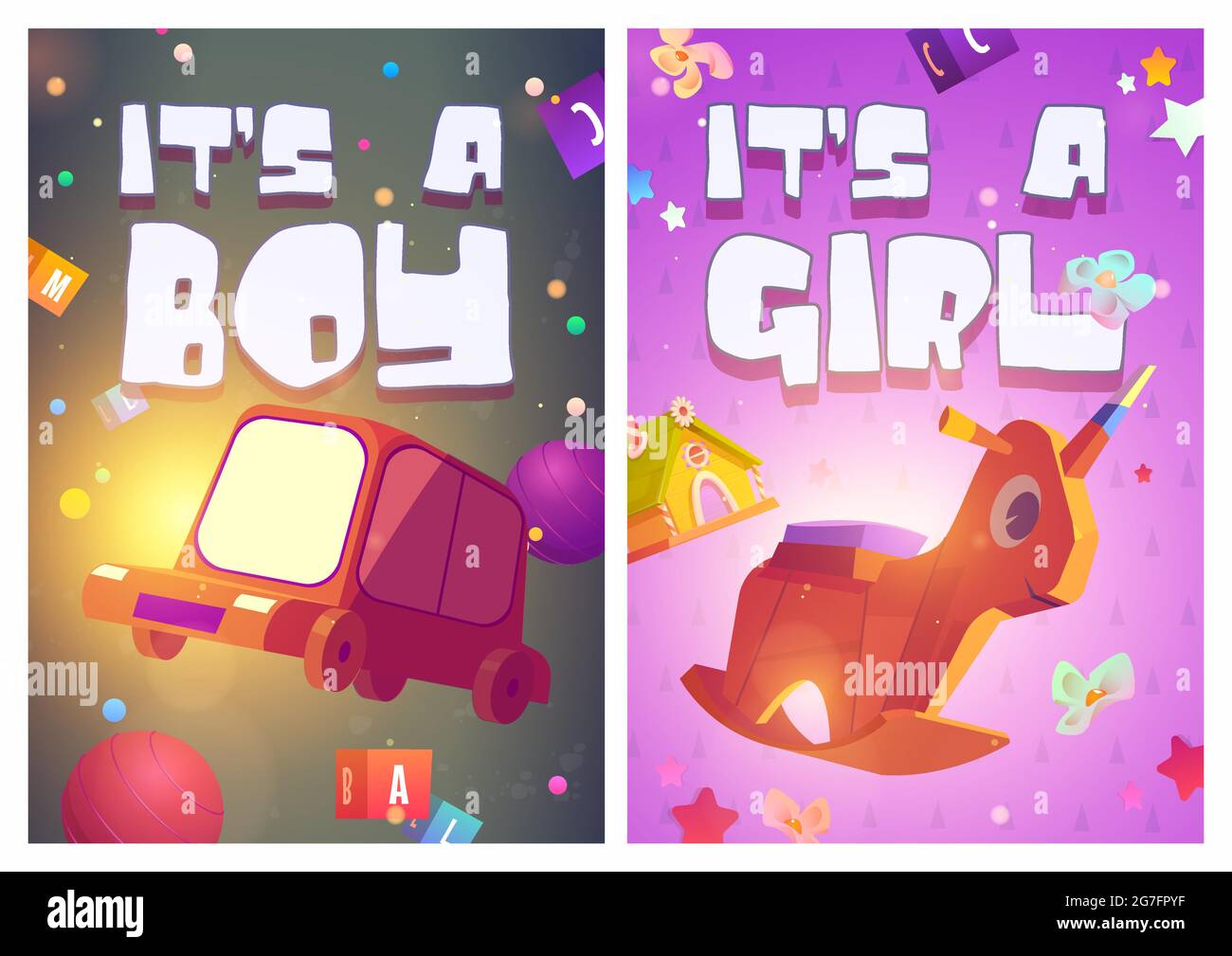 Ses Affiches De Garcon Ou De Fille Cartes De Voeux Pour Douche De Bebe Bannieres Vectorielles Avec Annonce Sexe Nouveau Ne Avec Illustration De Dessins Animes Des Jouets Voiture Balle Licorne Et Petite