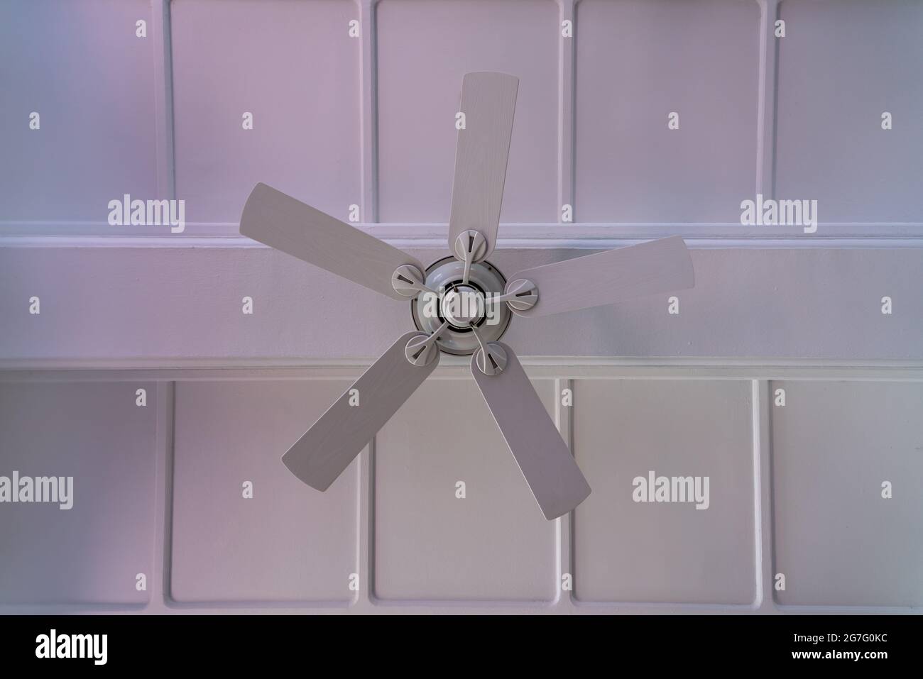 Recherche du ventilateur de plafond, prise de vue monochrome blanche. Banque D'Images