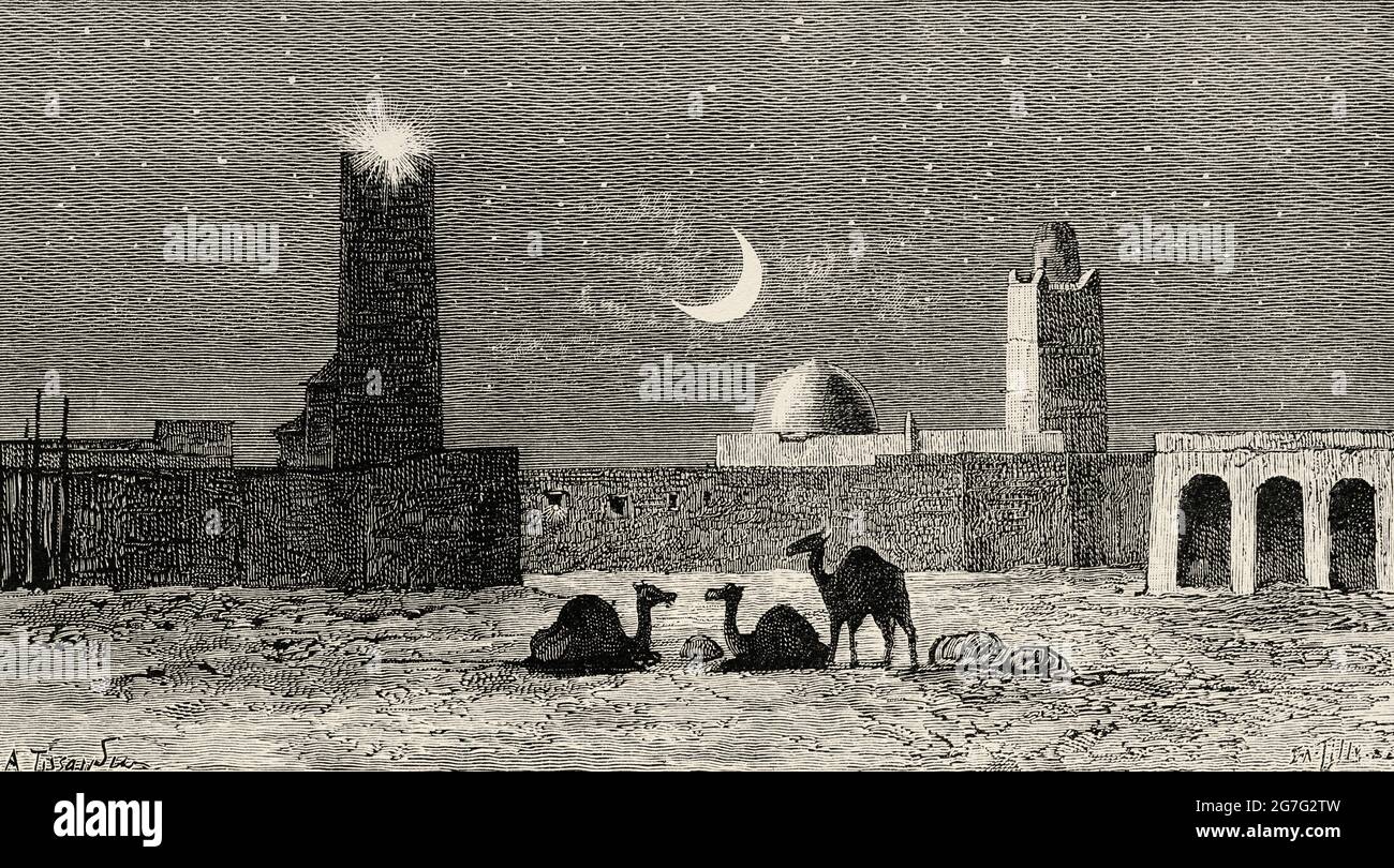 La tour télégraphique de l'oasis de Tougghourt, en Algérie. Afrique. Ancienne illustration gravée du XIXe siècle de la nature 1888 Banque D'Images