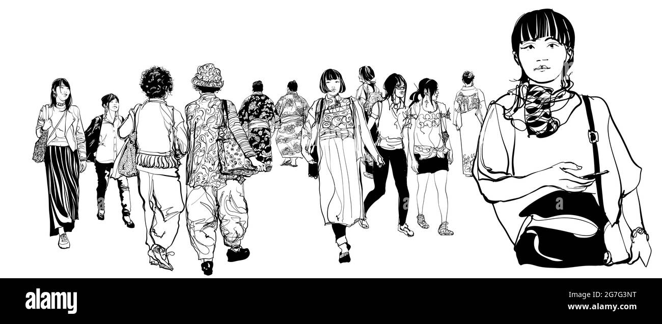 Les Japonais marchant dans une rue - une façon différente de s'habiller entre tradition et moderne - illustration vectorielle Illustration de Vecteur