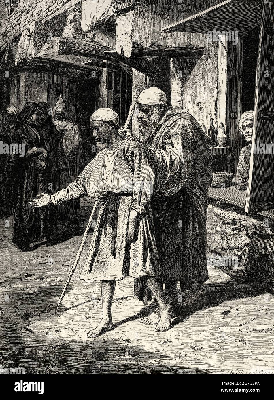 Le mendiant égyptien aveugle supplie pour des almes dans les rues du Caire, de l'Égypte, de l'Afrique du Nord. Ancienne illustration gravée du XIXe siècle d'El Mundo Ilustrado 1880 Banque D'Images