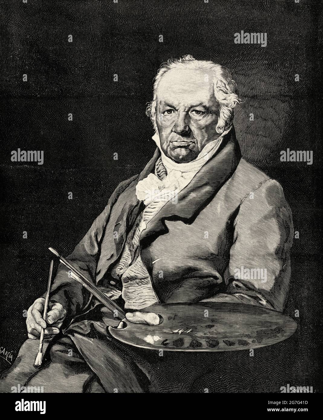Portrait du peintre Francisco de Goya par Vicente Lopez y Portana, Espagne. Europe. Ancienne illustration gravée du XIXe siècle d'El Mundo Ilustrado 1880 Banque D'Images