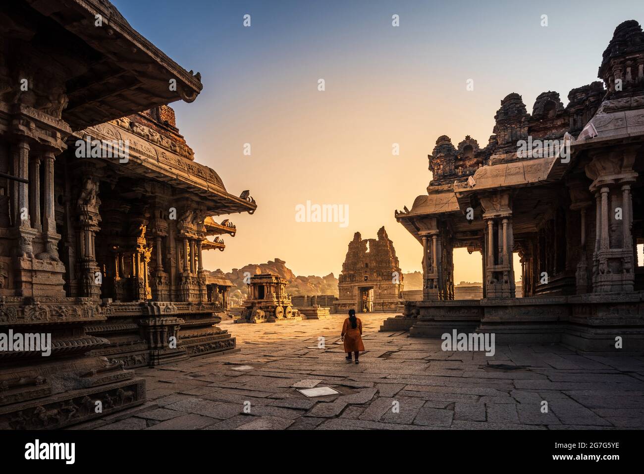 Hampi, Karnataka, Inde - 10 janvier 2020 : temple de Vijaya Vitthala. Magnifiquement sculpté dans un rocher monolithe, un morceau de marv architectural complexe Banque D'Images