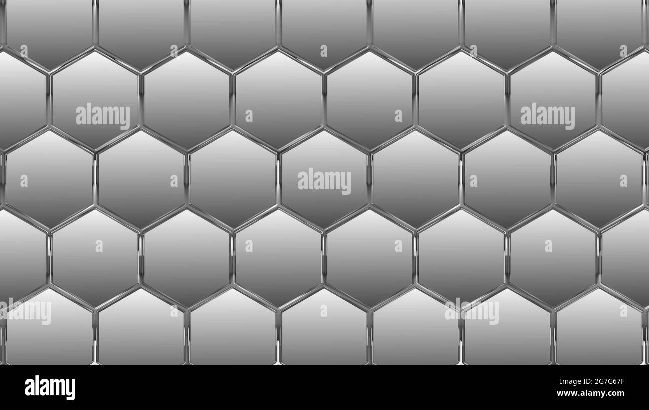 Arrière-plan abstrait des éléments graphiques - mosaïque d'hexagones d'argent avec des effets d'ombre sur le métal sur le bord - illustration 3D Banque D'Images