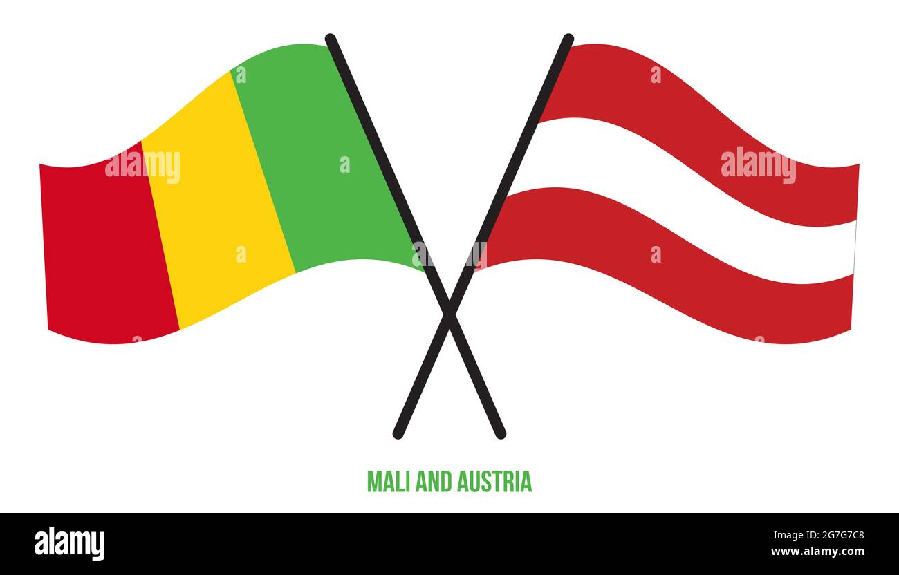 Mali et Autriche drapeaux croisés et ondulant le style plat. Proportion officielle. Corriger les couleurs. Banque D'Images