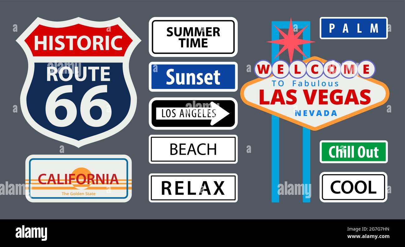 Un ensemble de panneaux routiers américains de style plat. Nevada, Californie, coucher de soleil, Los Angeles, route 66, heure d'été, frais, Détendez-vous sur la plage. Pour imprimer des autocollants sur les voitures Illustration de Vecteur