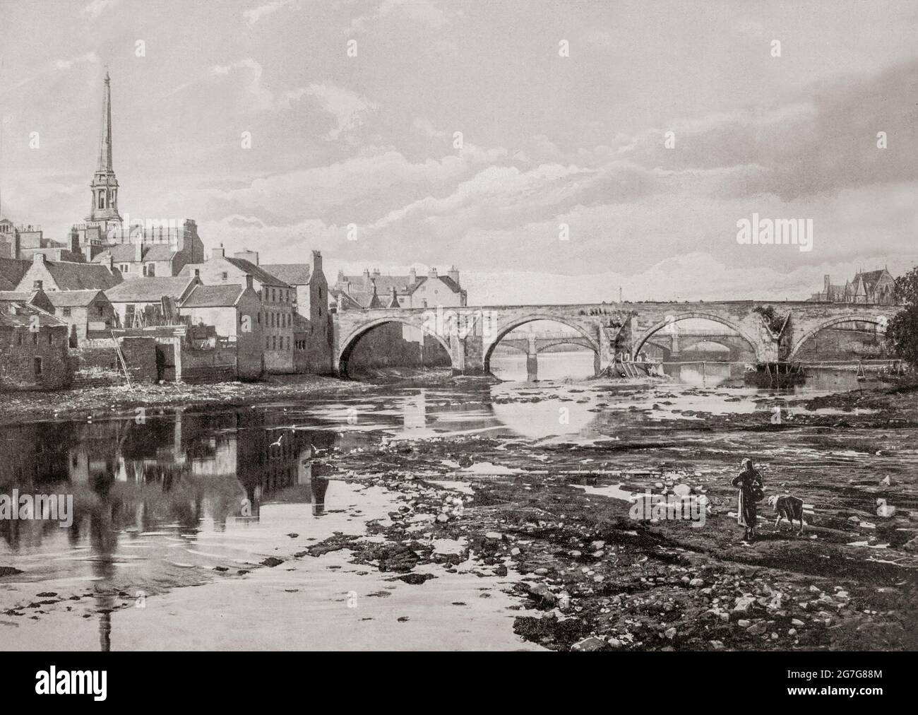 Vue de la fin du XIXe siècle sur les ponts TWA d'Ayr, en Écosse. Le 'Auld Brig' a servi de seul passage de rivière à Ayr pendant plus de trois siècles et la construction du Nouveau pont a commencé à l'automne 1786. C'est alors que le nouveau pont était en construction que le célèbre poème de Robert Burns, « les Brigs d'Ayr », a été écrit en 1787, qui a véritablement immortalisé le « Bang d'Auld ». Le nouveau pont a été ouvert l'année suivante. Banque D'Images