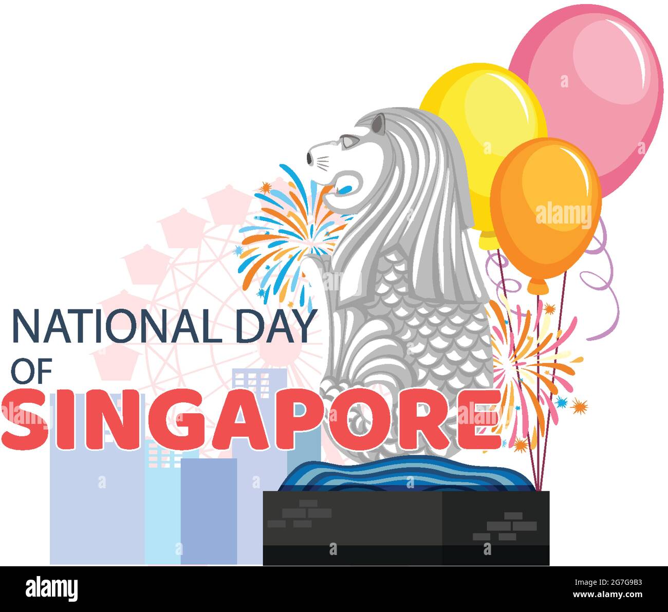 Bannière de la Journée nationale de Singapour avec la mascotte officielle Merlion de Singapour Illustration de Vecteur
